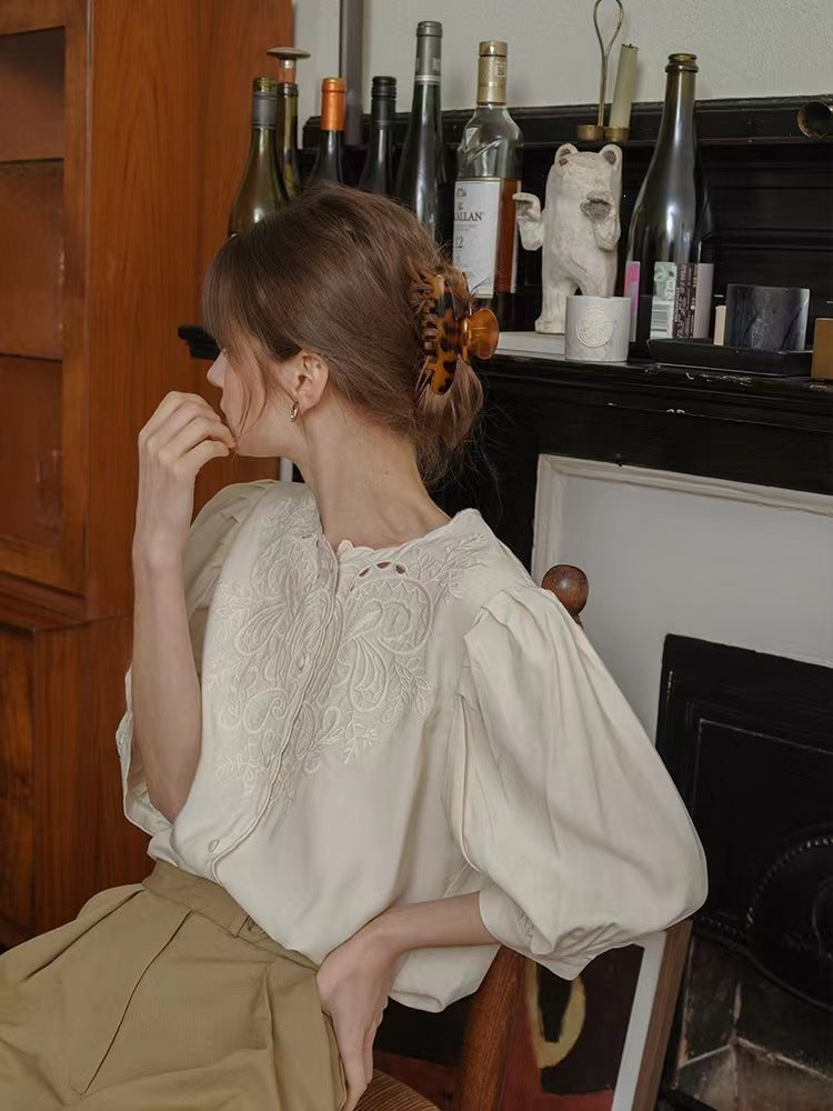 white embroidered cut-out  crew neck lantern sleeve shirt