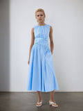 Flowering Girl Women Light Blue Sleeveless Round Neck Twisted Waist Midi Dress Side Pocket Flowy Summer Dress