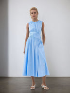 Flowering Girl Women Light Blue Sleeveless Round Neck Twisted Waist Midi Dress Side Pocket Flowy Summer Dress