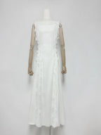 Flowering Girl Women Lace Trim Embroidery Hollow Midi Dress In White