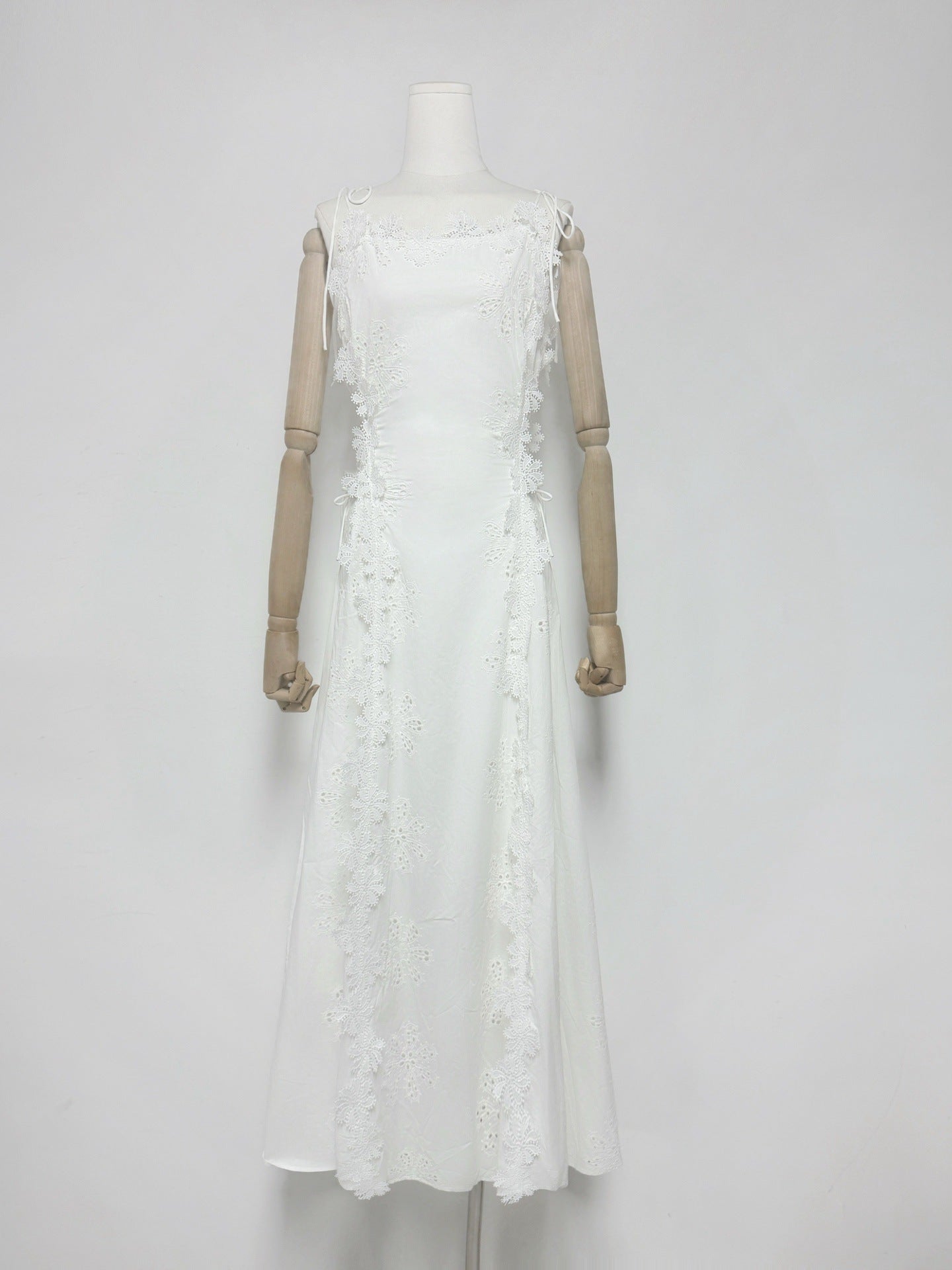 Flowering Girl Women Lace Trim Embroidery Hollow Midi Dress In White
