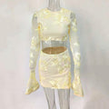 Nefertiti Apricot Embroidered Floral Backless T-Shirt And Skirt Set