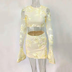 Nefertiti Apricot Embroidered Floral Backless T-Shirt And Skirt Set