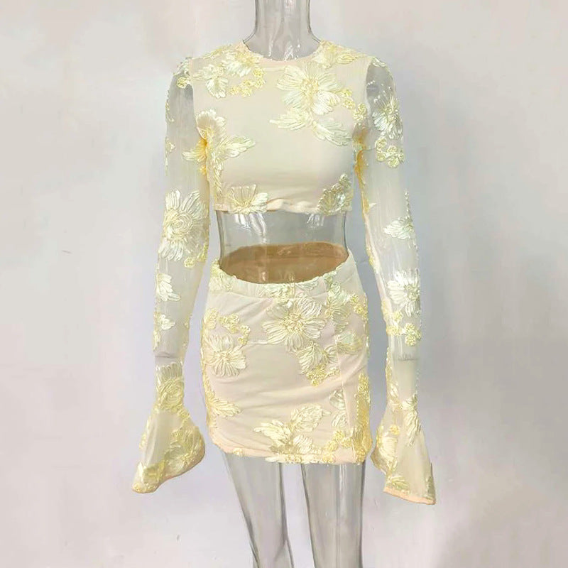 Nefertiti Apricot Embroidered Floral Backless T-Shirt And Skirt Set