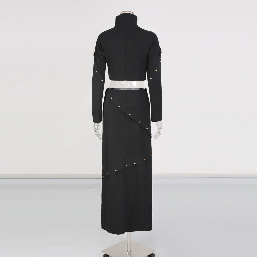 Button-embellished cotton-jersey top maxi skirt suit in black