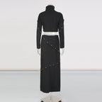 Button-embellished cotton-jersey top maxi skirt suit in black
