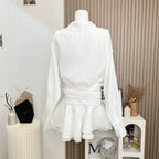 Flowering Girl Women Collared mesh ruffled long-sleeved shirt and skirt