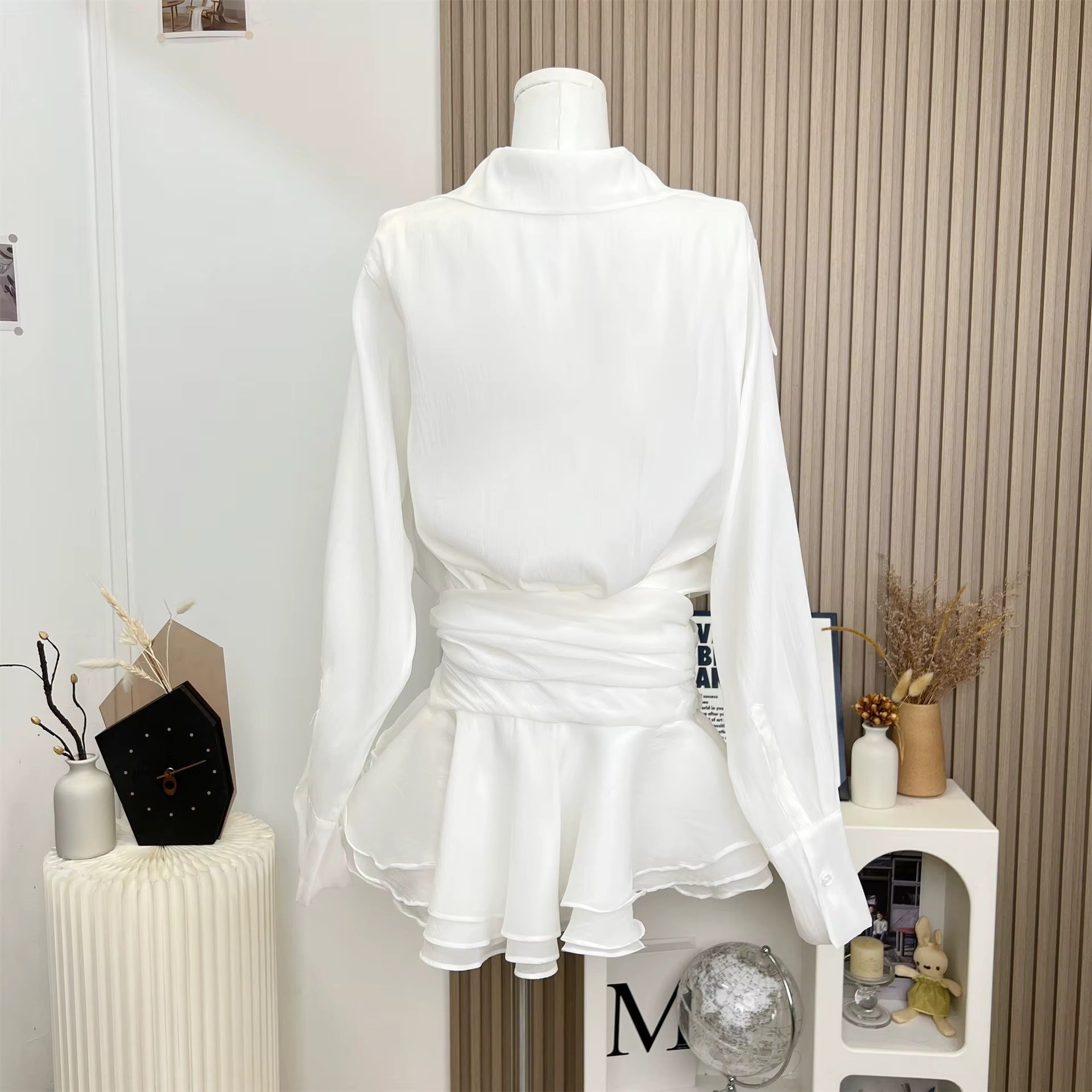 Flowering Girl Women Collared mesh ruffled long-sleeved shirt and skirt