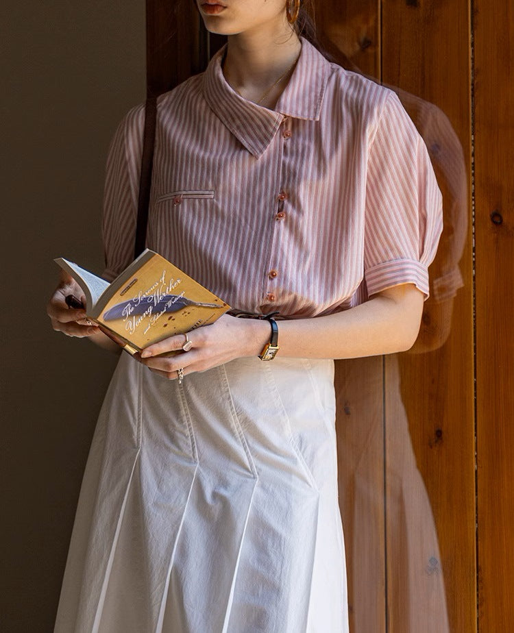 Flowering Girl Women Blend Stripe Placket Collar Short Sleeve Design Shirt