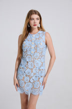 Flowering Girl Women eunice hollow pencil Lace mini Dress in blue