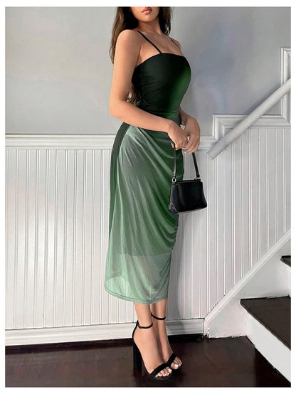 green Mesh Suspender Backless Dress