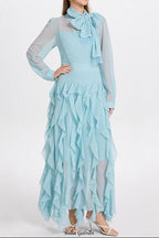 bonnie blue Bow Neck Tiered Ruffle Maxi Dress