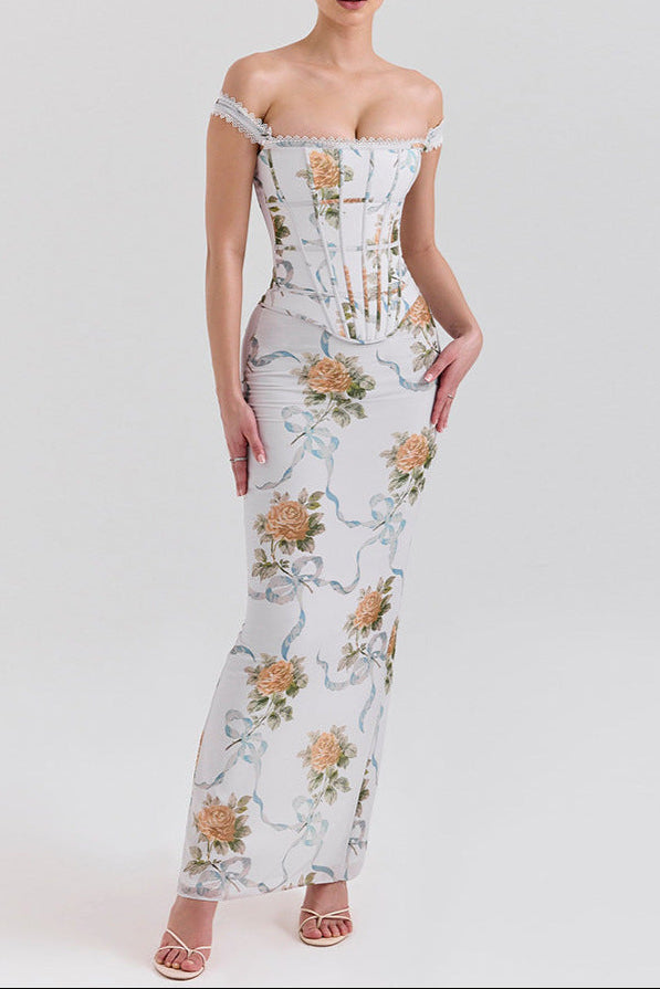 Flowering Girl Women Phoenix White Floral Print Fitted Corset Maxi Dress