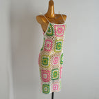 Pink & Green Granny Square Crochet Mini Dress
