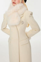Flowering Girl Women Ivory Slim faux fur mid-length woolen coat