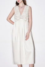 Flowering Girl Women Alva v-Neck Rhinestone Embroidery Satin Maxi Dress In White