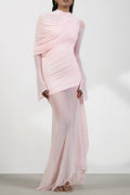 High-neck drapey pleated mesh panel maxi dress in pink