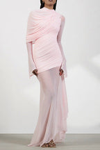High-Neck Drapey Pleated Mesh Panel Maxi Dress In Pink
