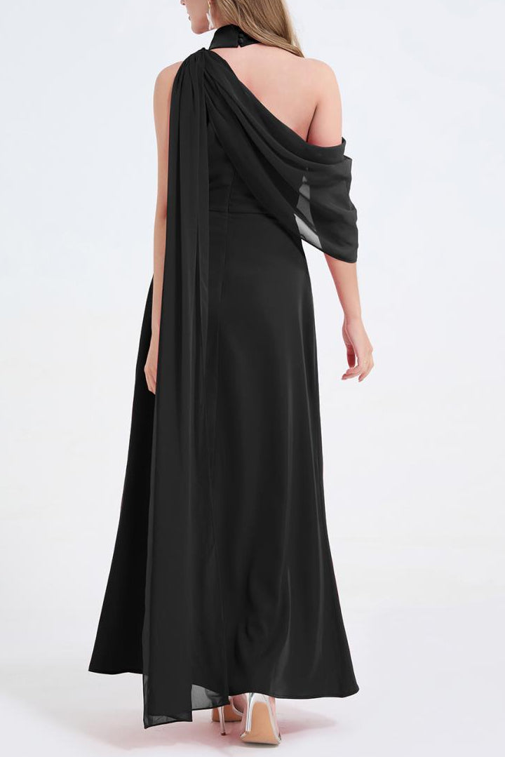 tammy Tailored One-Shoulder Detachable Collar Maxi Dress in black