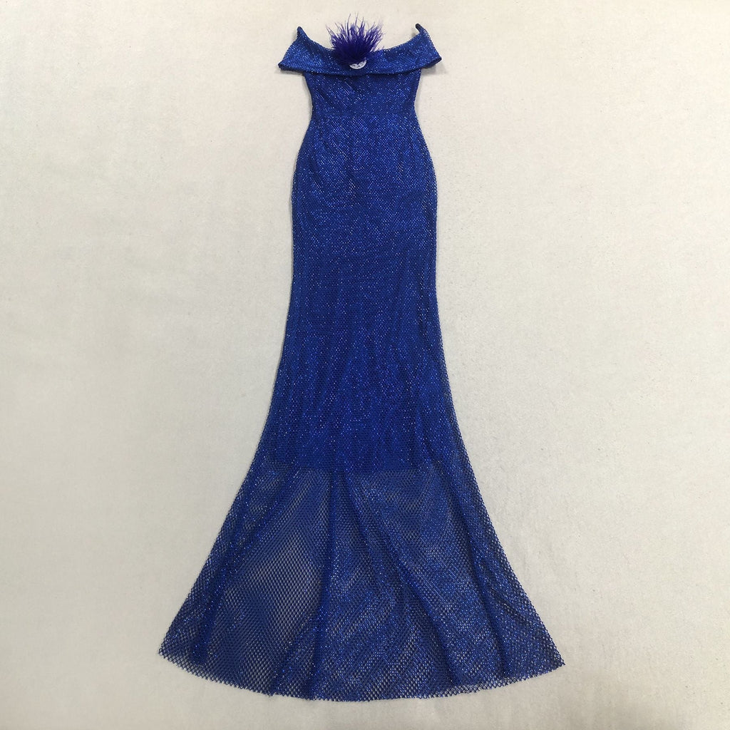 riva feather embellished hollowed sequin bodycon maxi dress in blue