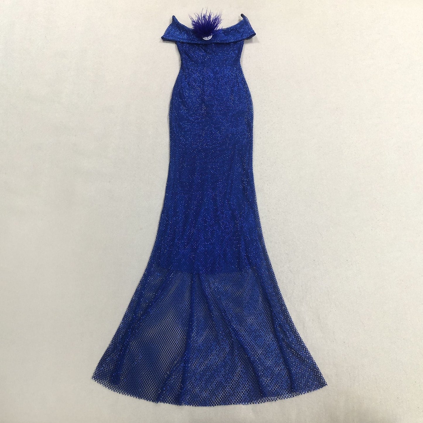 riva feather embellished hollowed sequin bodycon maxi dress in blue