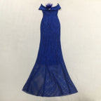 Riva Feather Embellished Hollowed Sequin Bodycon Maxi Dress In Blue