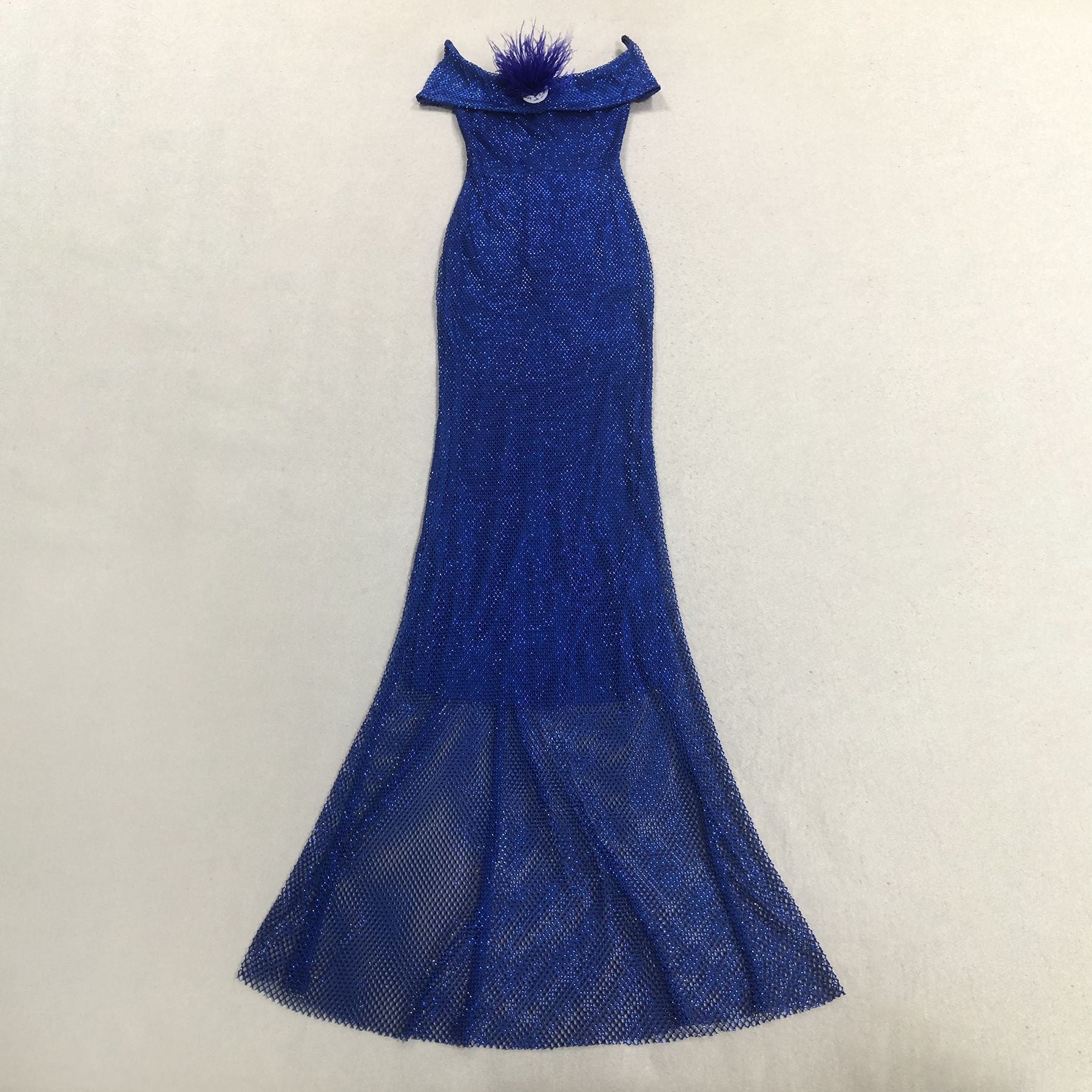 Riva Feather Embellished Hollowed Sequin Bodycon Maxi Dress In Blue