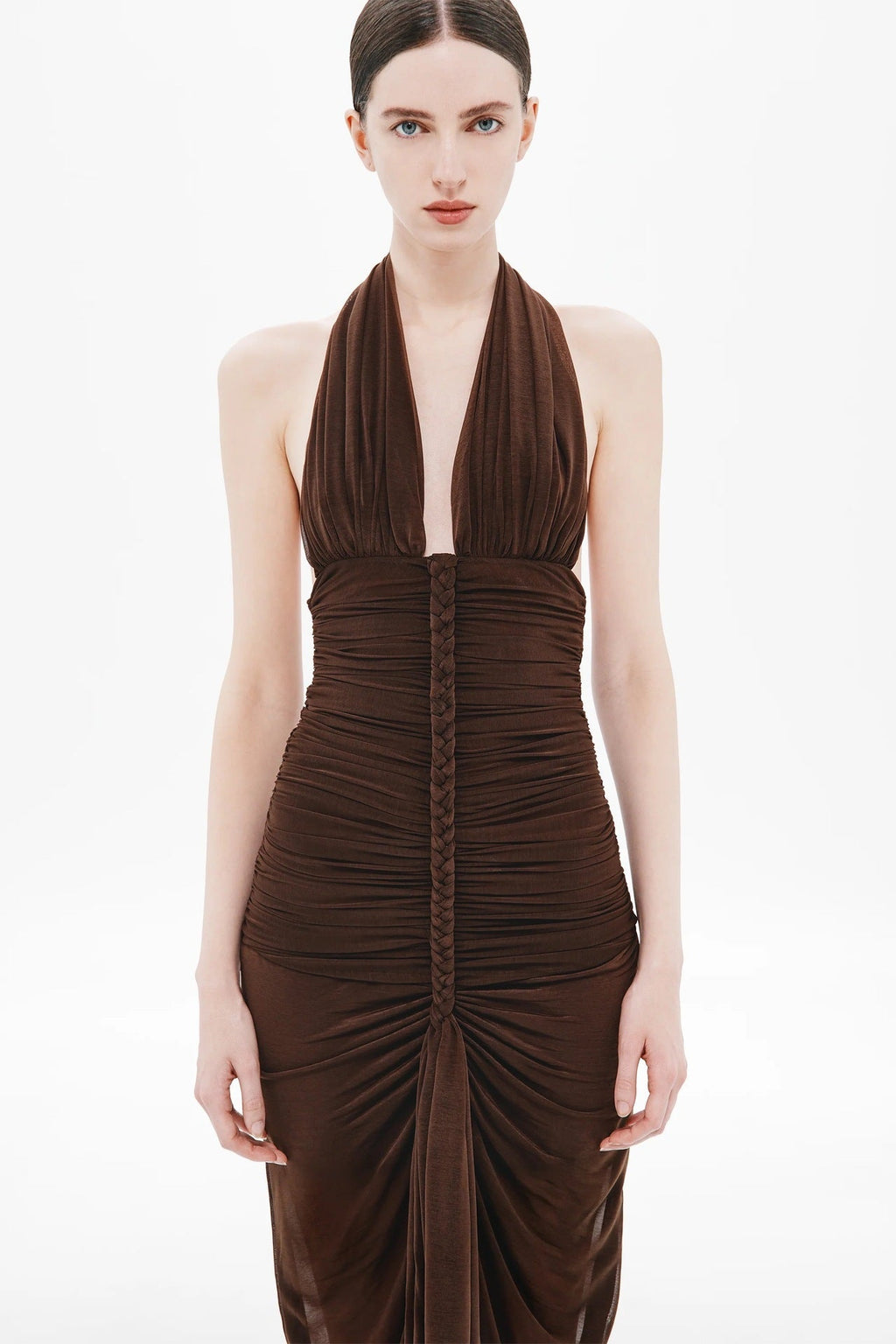 Flowering Girl Women nancy v-neck pleated braided bodycon maxi dress - brown