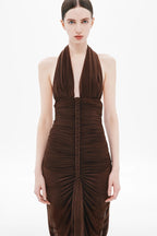 Flowering Girl Women nancy v-neck pleated braided bodycon maxi dress - brown