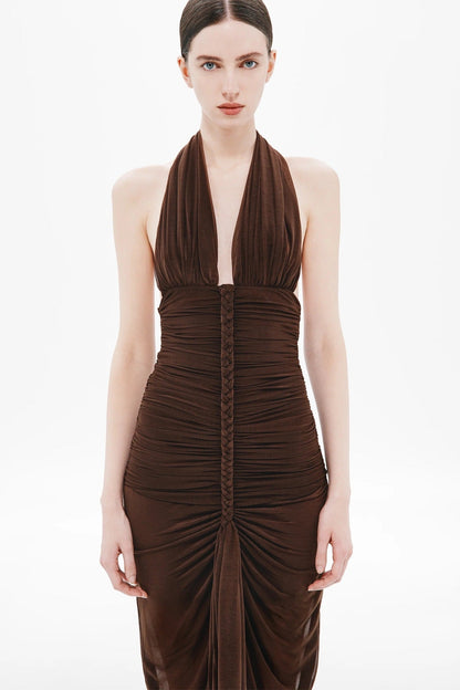 nancy v-neck pleated braided bodycon maxi dress - brown