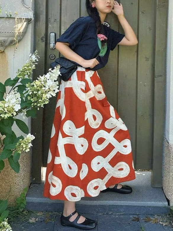 Red A-Line  Hand-Painted Printed Skirt
