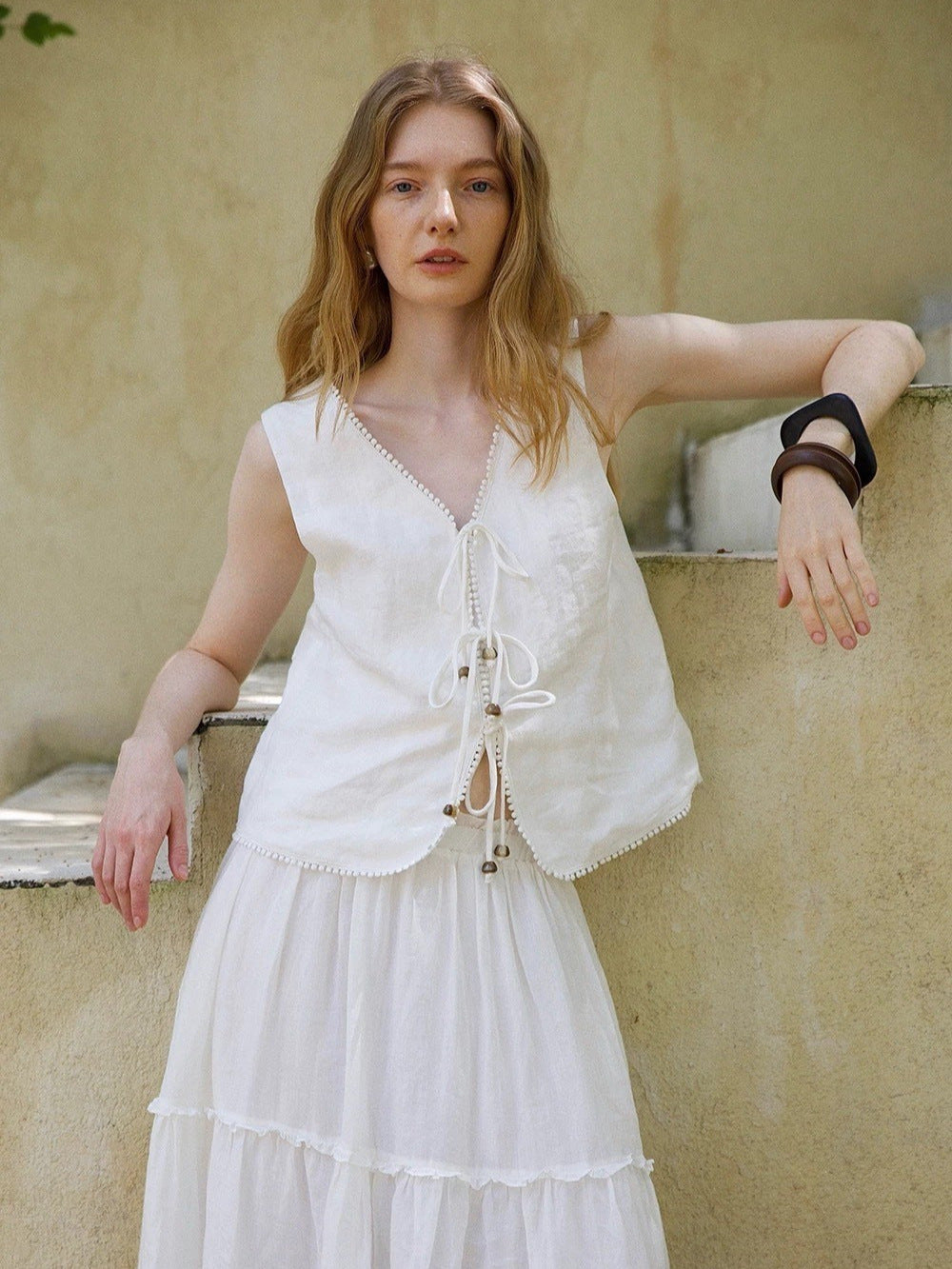 Beaded Linen Lace-Up Access Vest