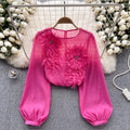 3D floral puff sleeve tulle shirt