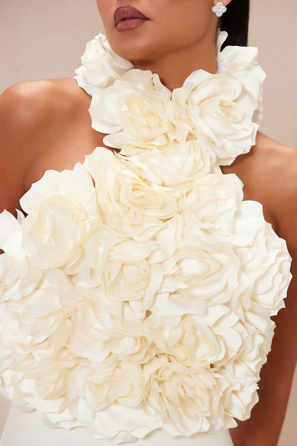 Flowering Girl Women flower bandage midi dress in white