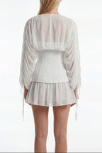 Flowering Girl Women trista white V-neck mesh pleated cinched waist with belt