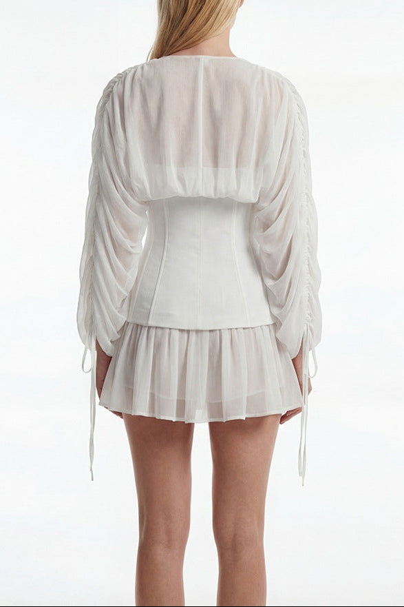 Flowering Girl Women trista white V-neck mesh pleated cinched waist with belt