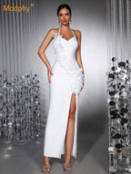 Flowering Girl Women Anila 3d Floral Halter High Slit Maxi Dress In White