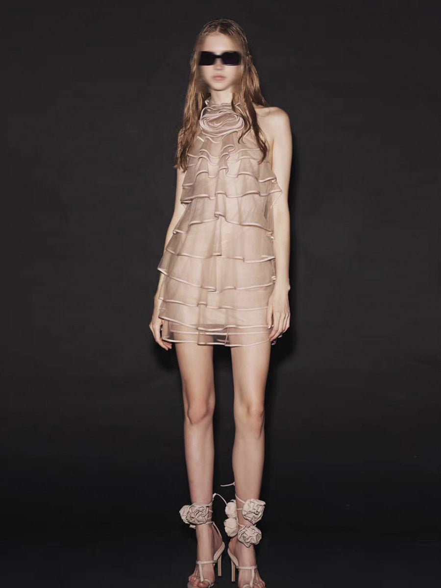 Flowering Girl Women Chiffon Sleeveless Ruffle Mini Dress in khaki