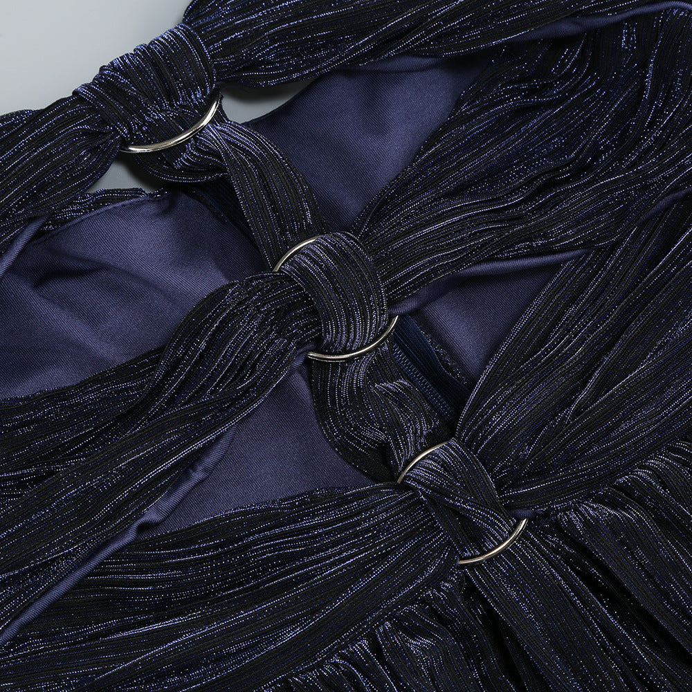 Flowering Girl Women Bonnie Halter Pleated Cutout Maxi Dress In Navy Blue