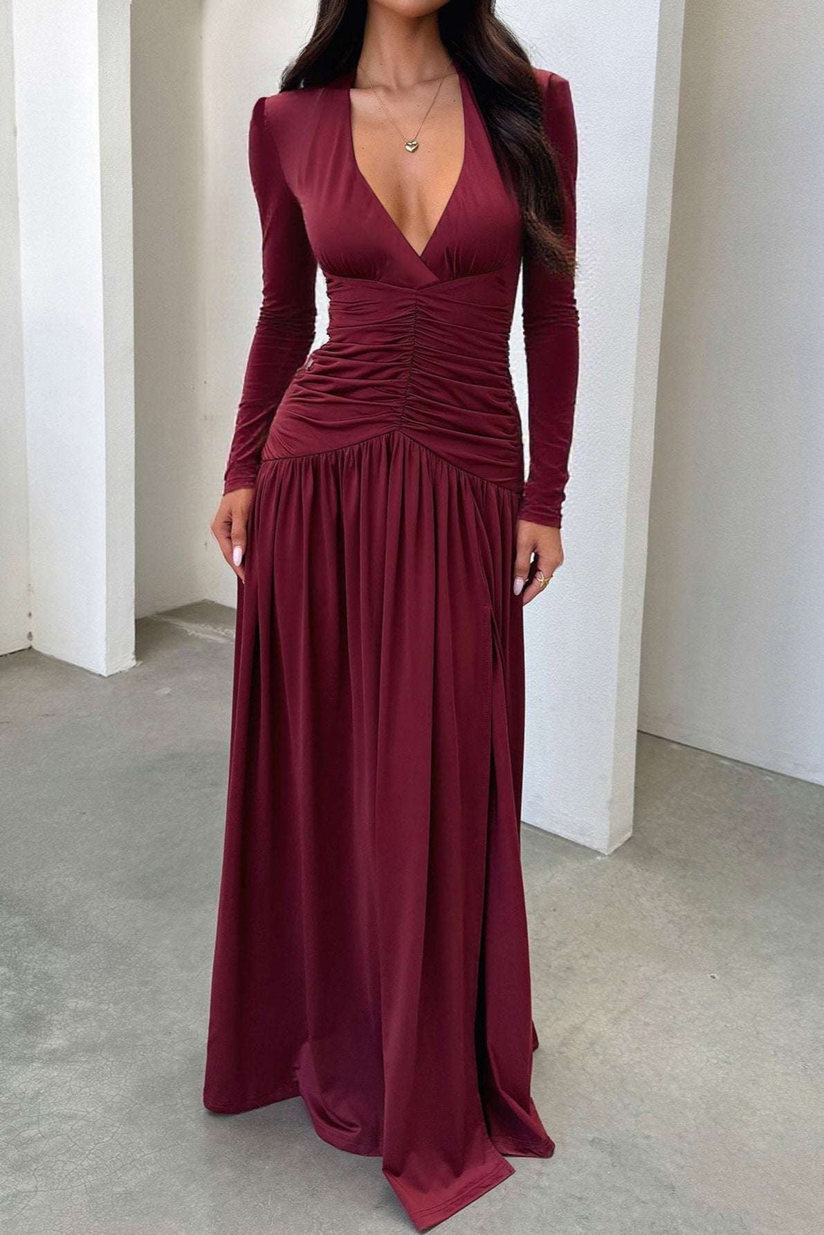 Flowering Girl Women red Deep V Long Sleeve maxi Dress