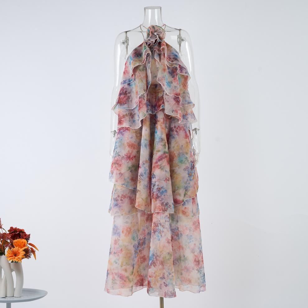 Susie Multicolor Floral Print Layer Halter Midi Dress