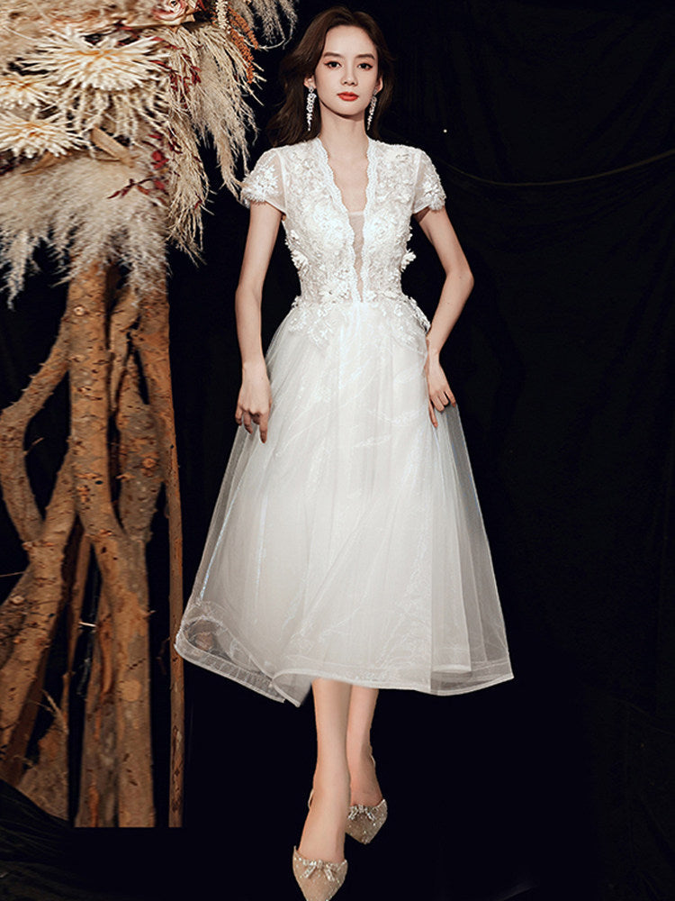 3D Floral Lace Short Sleeve Tulle Floor-Length Evening Gown