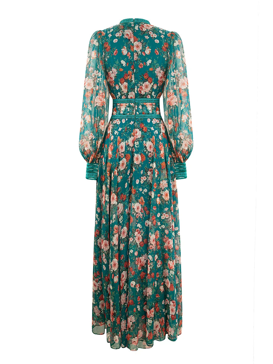 French retro green floral dress, high-end royal sister dress, dress skirt, light luxury, niche high-end long skirt women