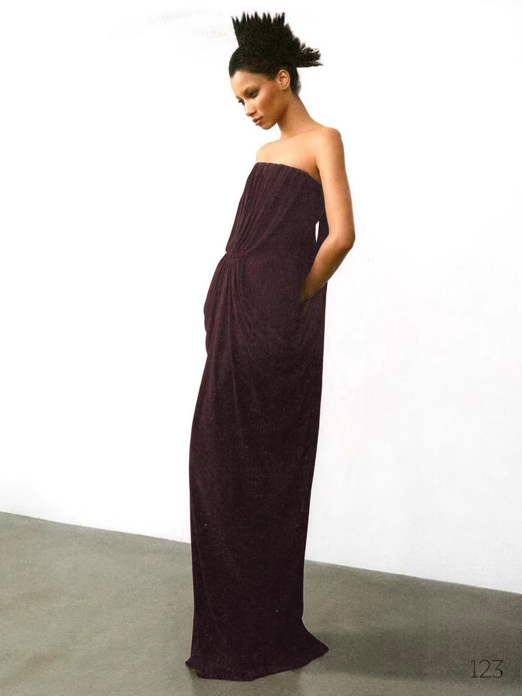 Simona Pleated Crepe Jersey Strapless Gown In Brown