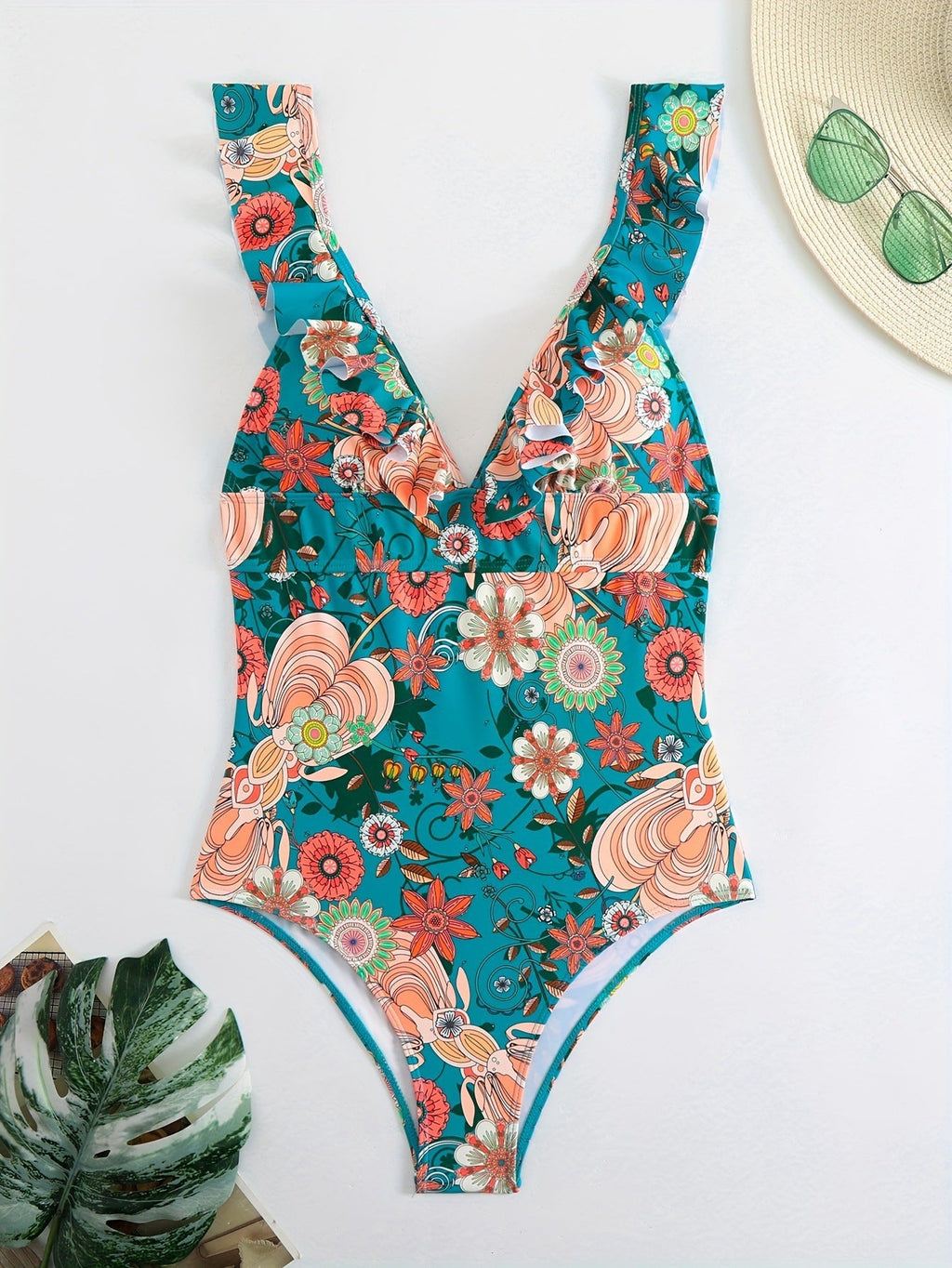 v-neck floral print Ruffle bikini