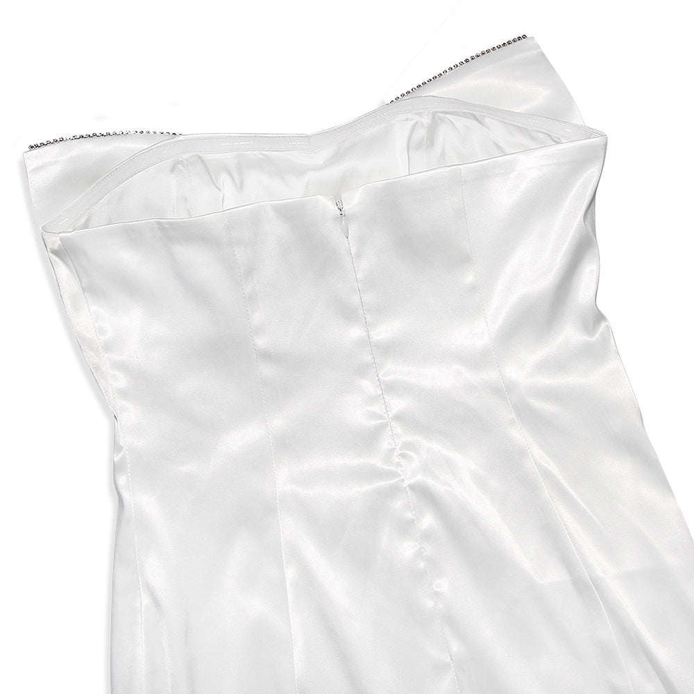 SATIN CRYSTAL EMBELLISHED BOW DRESS IN WHITE