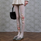 Sheer White Floral Embroidered Tights with 3D Flowers & Pearls
