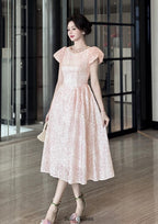 Flowering Girl Women pearl neck Puff sleeve flared lace midi dress - pink