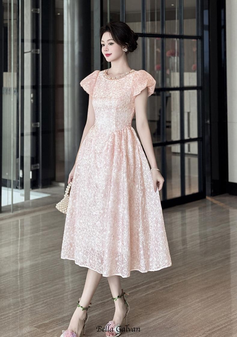 Flowering Girl Women pearl neck Puff sleeve flared lace midi dress - pink
