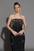 Flowering Girl Women Pearl Rhinestone Beaded Strapless Black Maxi Dress